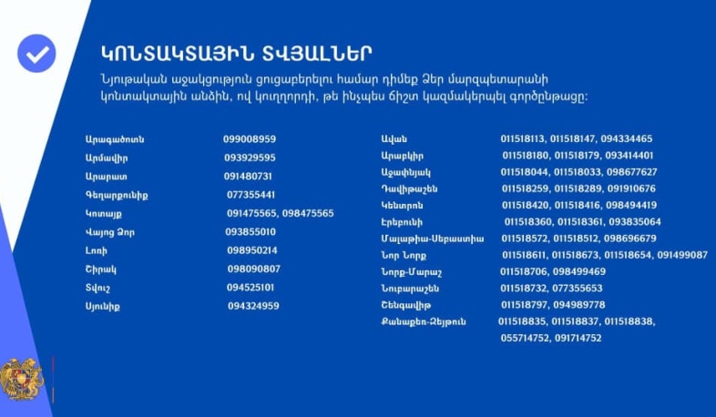 Արցախցի հայրենակիցներին աջակցելու համար գործող կոնտակտային հեռախոսահամարները