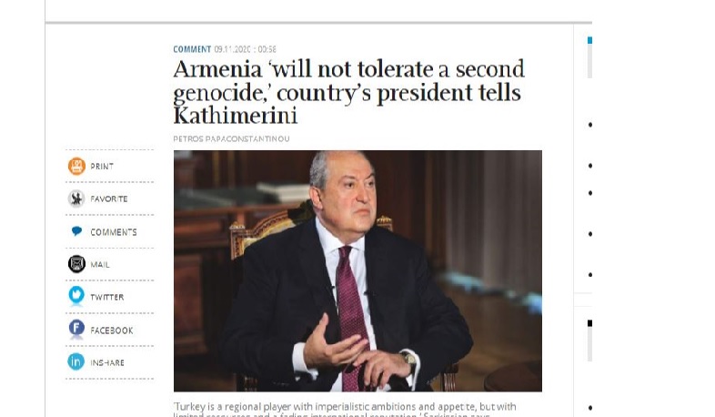 Armenia will not tolerate a second Genocide․ RA President tells Kathimerini