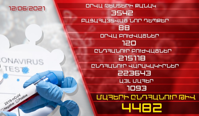 Թարմացում. 12.06.2021. Հաստատվել է կորոնավիրուսի 88 նոր դեպք, առողջացել 120 քաղաքացի