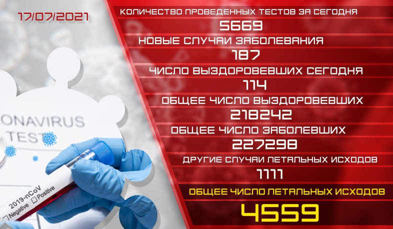 Обновление: 17.07.2021. Подтвержденное число случаев заболевания коронавирусом - 187, число вылечившихся - 114