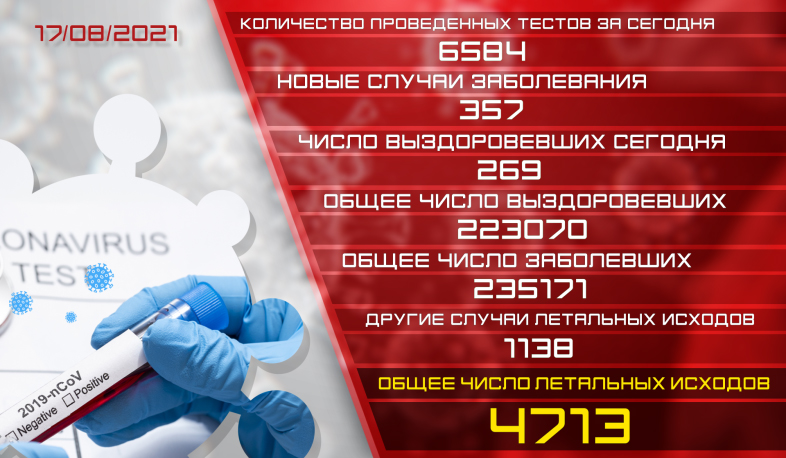 Обновление: 17.08.2021. Подтвержденное число случаев заболевания коронавирусом - 357, число вылечившихся - 269