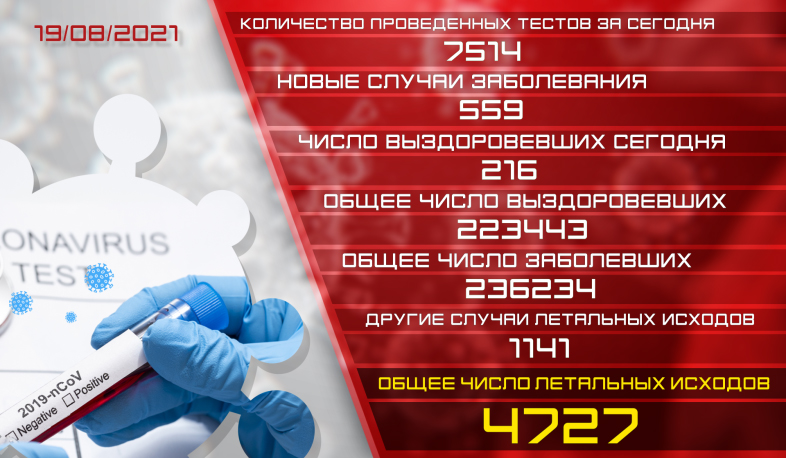 Обновление: 19.08.2021. Подтвержденное число случаев заболевания коронавирусом - 559, число вылечившихся - 216