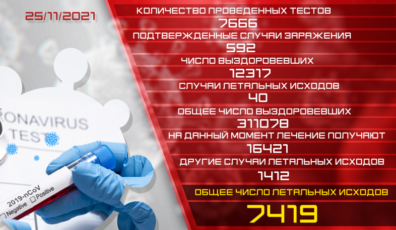 Обновление: 25.11.2021. Подтвержденное число случаев заболевания коронавирусом – 592, число вылечившихся - 1217