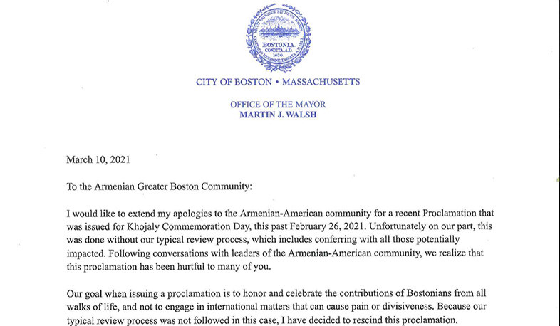 Bostonun meri ermənilərdən üzr istəyib