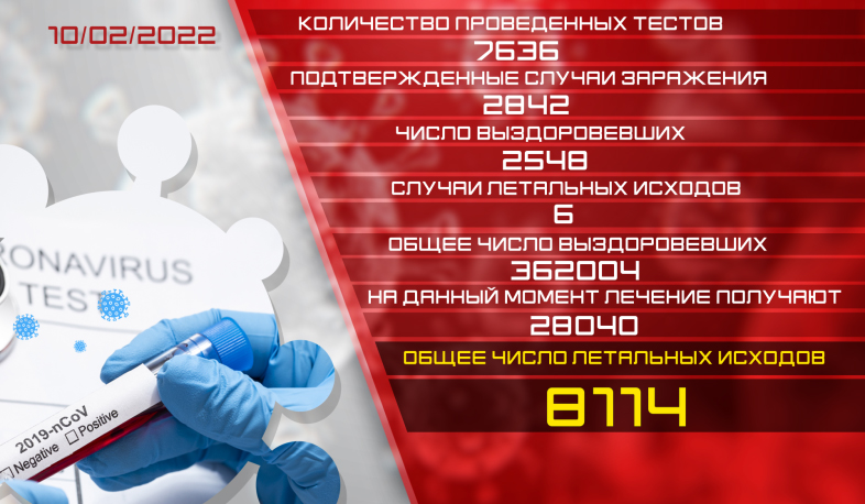 Обновление: 10.02.2022. Подтвержденное число случаев заболевания коронавирусом - 2842, число вылечившихся – 2548
