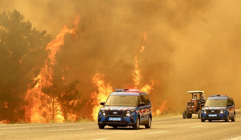 Firefighters battle blaze in southwest Turkey as strong winds fan flames