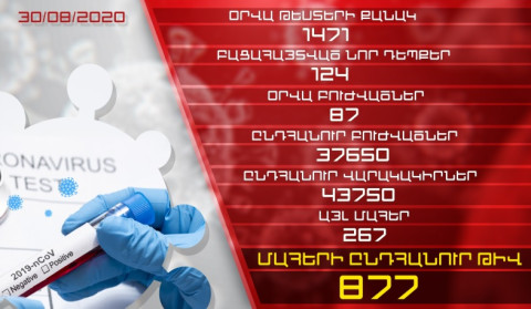 Թարմացում․ 30․08․20․ Հաստատվել է կորոնավիրուսի 124 նոր դեպք, առողջացել է 87 քաղաքացի