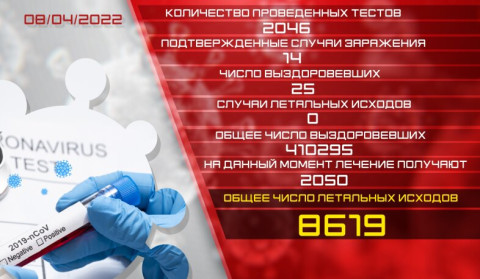 Обновление: 08.04.2022. Подтвержденное число случаев заболевания коронавирусом - 14, число вылечившихся - 25