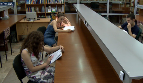 Large photos of modern Armenian writers in Yerevan streets