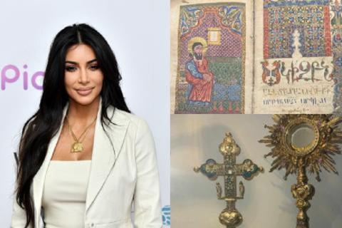 Kim Kardaşyan Surb Ghazar adasının erməni əlyazmaları kolleksiyasını nümayiş etdirib