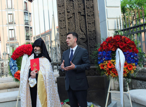 Commemoration ceremony for 111th anniversary of Armenian Genocide at Armenian cross-stone installed in courtyard of Almudena Cathedral in Madrid